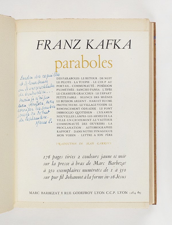 KAFKA Franz Paraboles Marc Barbezat 1945 Édition en partie originale traduction de Jean Carrive reliure de Florent Rousseau