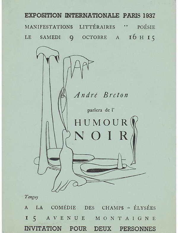 BRETON André De l’humour noir GLM 1937 édition originale Hollande Pannekoek grand papier carton d’invitation à la conférence
