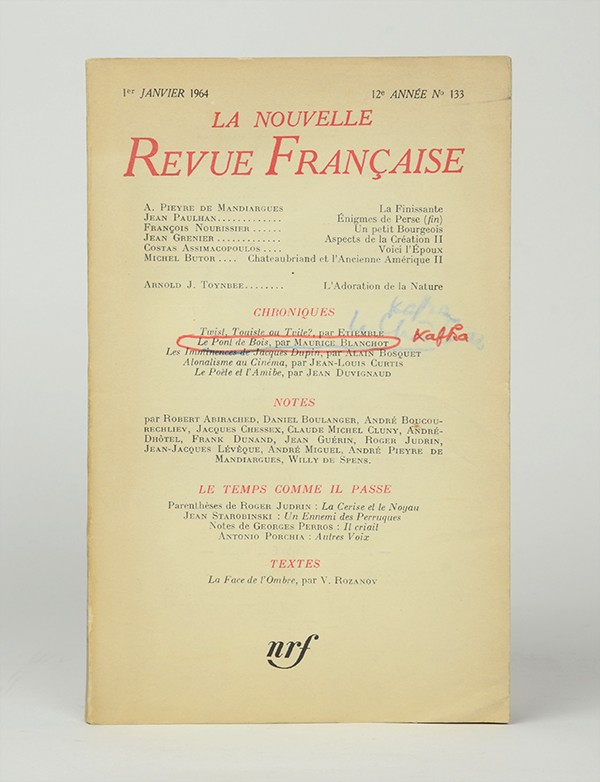 BLANCHOT Maurice Le Pont de bois La Nouvelle NRF janvier 1964 édition pré-originale exemplaire d'Alexandre Vialatte