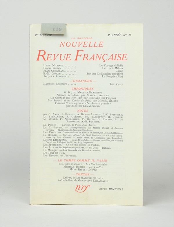 KAFKA Franz Lettres à Milena Nouvelle Nouvelle Revue française 1956 édition pré-originale française pur fil grand papier