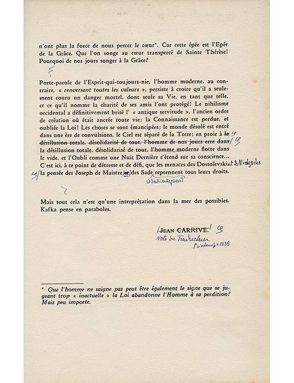 KAFKA Franz Récits 1940 réunion de textes de Franz Kafka, traduits de l’allemand par Jean Carrive annotations manuscrites