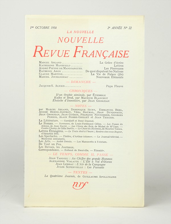 BLANCHOT Maurice Kafka et Brod Nouvelle N.R.F. 1954 édition pré-originale sur pur fil seul grand papier