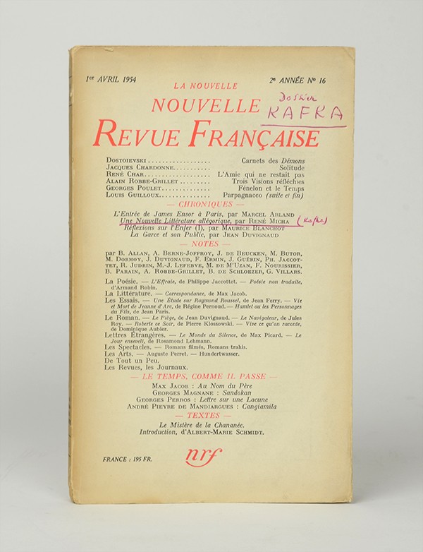 MICHA René Une nouvelle littérature allégorique Nouvelle N.R.F édition pré-originale exemplaire d'Alexandre Vialatte