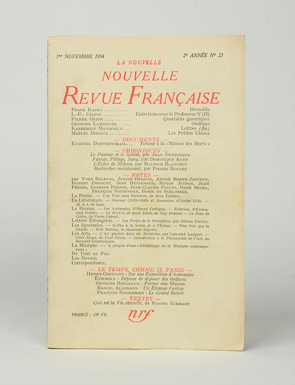 KAFKA Franz Brunelda in La Nouvelle N.R.F. 1954 édition pré-originale française traduction de Marthe Robert