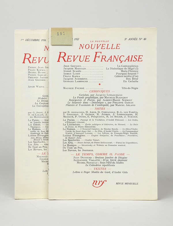 KAFKA Franz Carnets divers Carnets inédits La Nouvelle N.R.F. 1956 1957 édition pré-originale française pur fil  grand papier tr