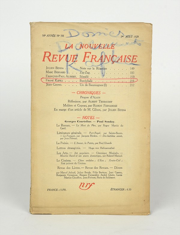 KAFKA Franz Bucéphale et autres récits in Nouvelle Revue française 1929 édition pré-originale française exemplaire Vialatte