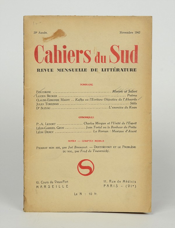 MAGNY Claude-Edmonde Kafka ou l’écriture objective de l’absurde 1942 in Cahiers du Sud pré-originale longue étude du Chateau