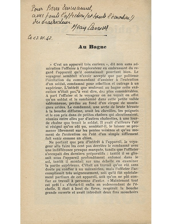 KAFKA Franz Au bagne Cahiers du Sud 1938 édition pré-originale envoi autographe signé du traducteur au poète Pierre Emmanuel