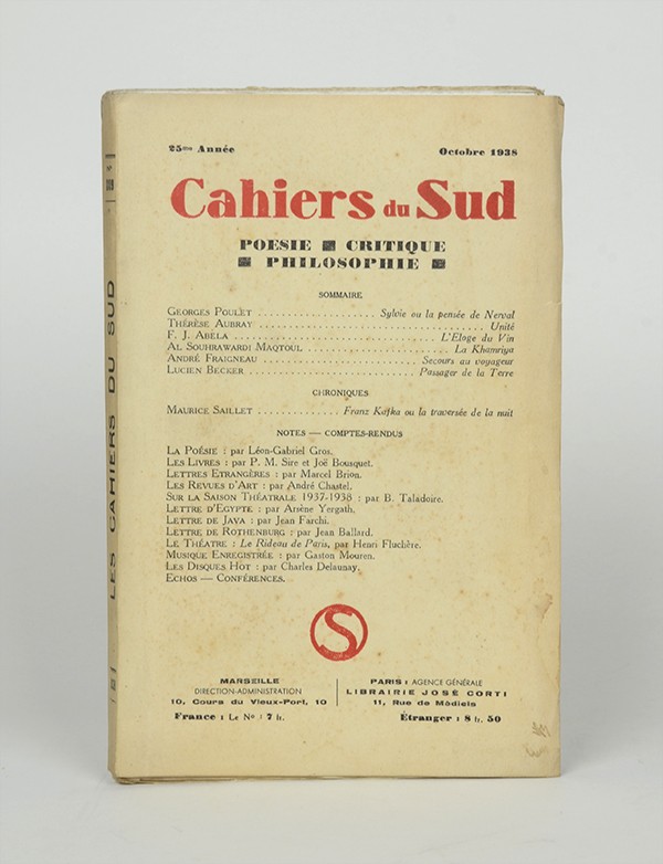 SAILLET Maurice Franz Kafka ou la traversée de la nuit Cahiers du Sud 1938 chronique du Procès et de La Métamorphose