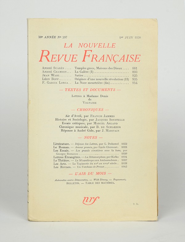 MARION Daniel Chronique de La Métamorphose Nouvelle Revue française 1938 exemplaire de luxe sur pur fil