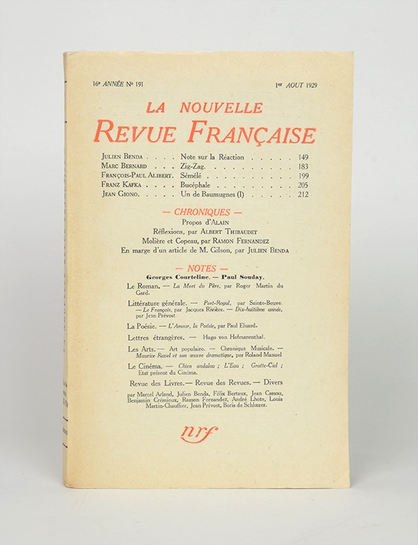 KAFKA Franz Bucéphale et autres récits (in Nouvelle Revue française 1929 édition pré-originale française pur fil grand papier