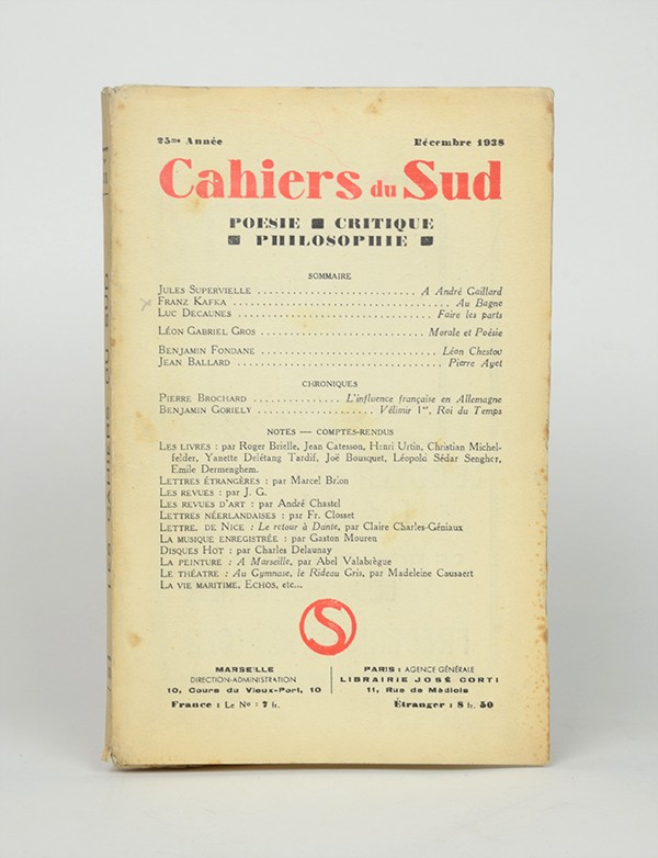 KAFKA Franz Au bagne Cahiers du Sud 1938 édition pré-originale exemplaire de luxe sur papier fort