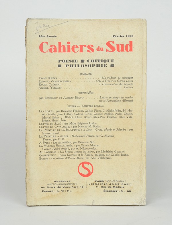 KAFKA Franz Un médecin de campagne Cahiers du Sud 1938 Pré-originale française de cinq récits de Kafka exemplaire Vialatte