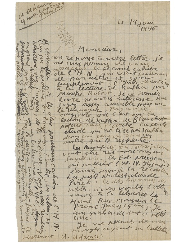 ADAMOV Arthur Lettre autographe signée à propos de l’Introduction à la lecture de Kafka 1946