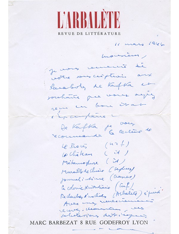 BARBEZAT Marc Lettre autographe signée remerciant son correspondant pour sa souscription aux Paraboles de Kafka 1946