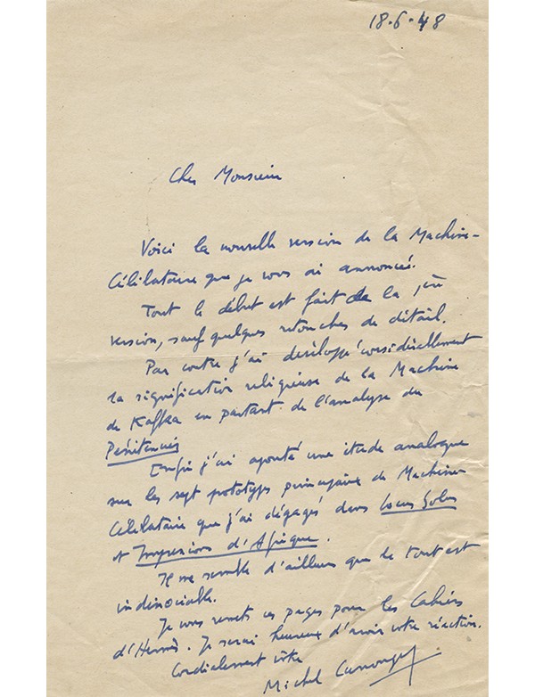 CARROUGES Michel Lettre autographe signée à André Rolland de Renéville à propos de la Machine célibataire 1948 