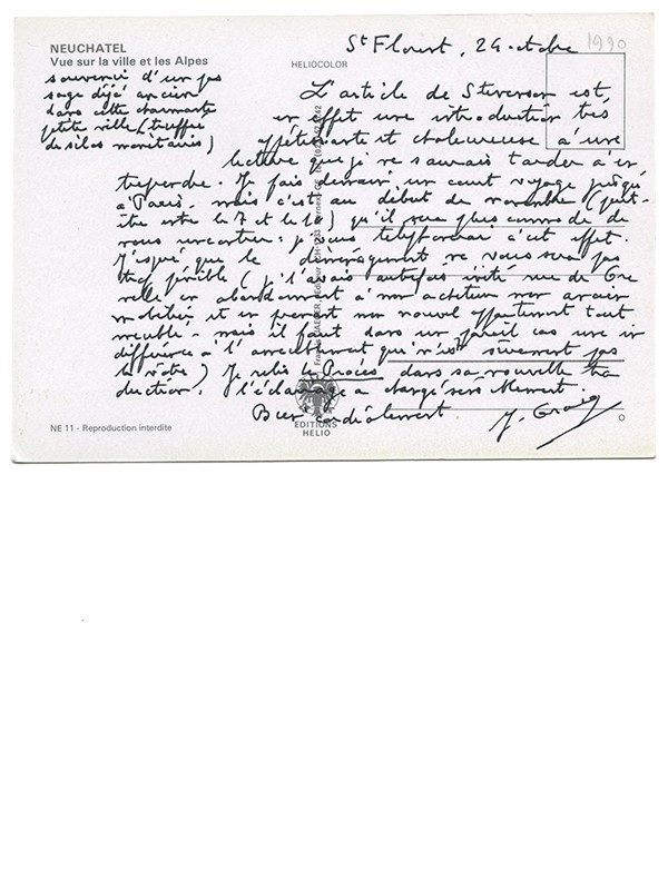GRACQ Julien À propos de la nouvelle traduction du Procès 1990 Carte autographe signée