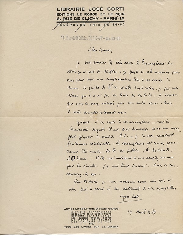 CORTI José Lettre autographe signée adressée à Jean Carrive à propos d’Au bagne de Kafka