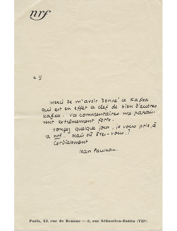 PAULHAN Jean Deux lettres autographes signées à Jean Carrive à propos de Kafka 1939
