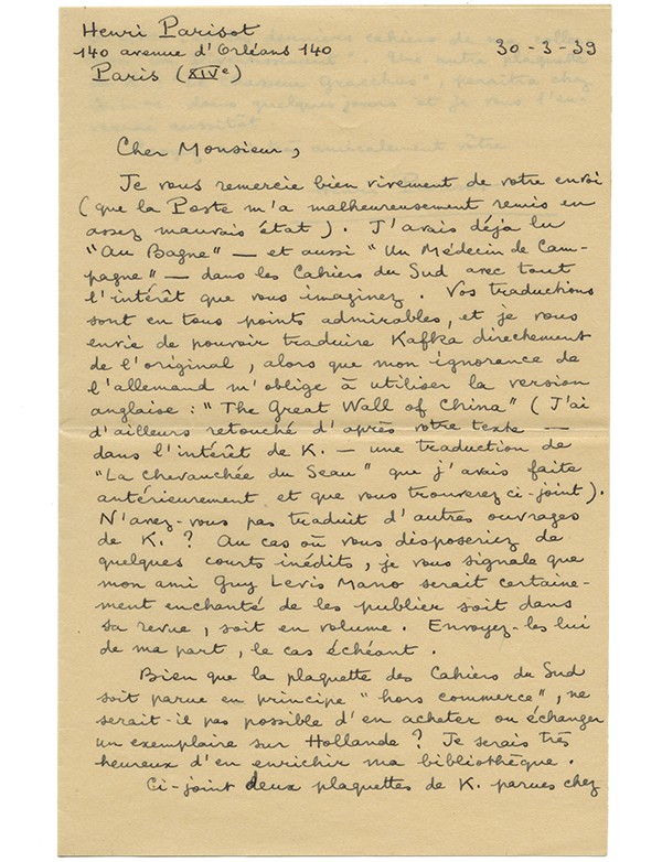 PARISOT Henri Correspondance adressée à Jean Carrive à propos de Kafka 7 lettres autographes signées