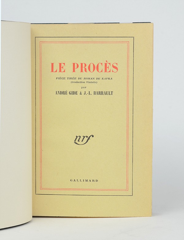 GIDE André BARRAULT Jean-Louis Le Procès édition originale de l’adaptation théâtrale vergé de Hollande reliure Semet & Plumelle