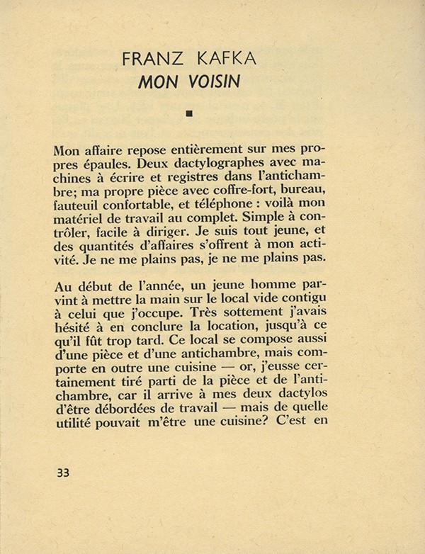 KAFKA Franz Mon voisin in Cahiers GLM 1937 édition pré-originale française Normandy Vellum grand papier