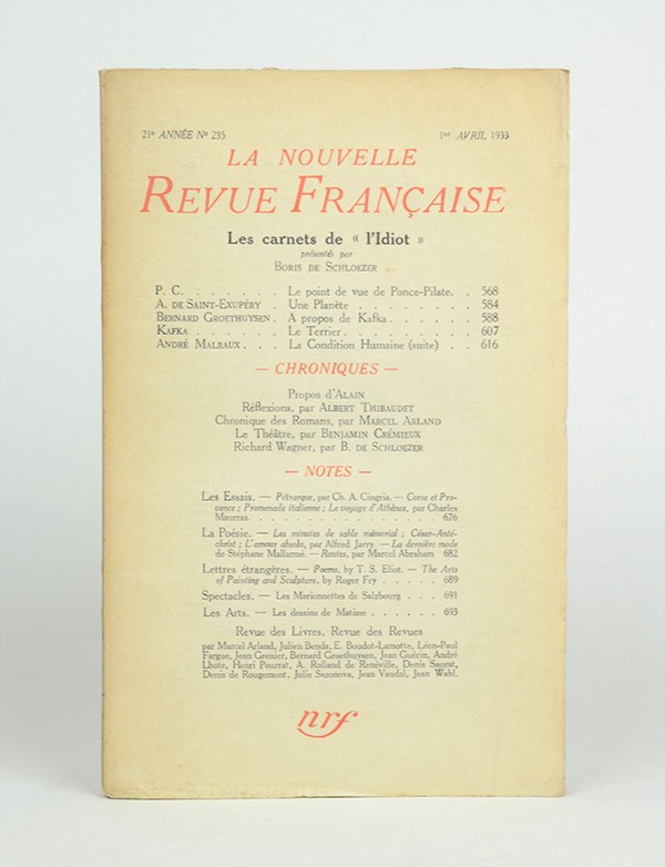 KAFKA Franz Le Terrier in Nouvelle Revue française 1933 Pré-originale française du Terrier traduit par Alexandre Vialatte 
