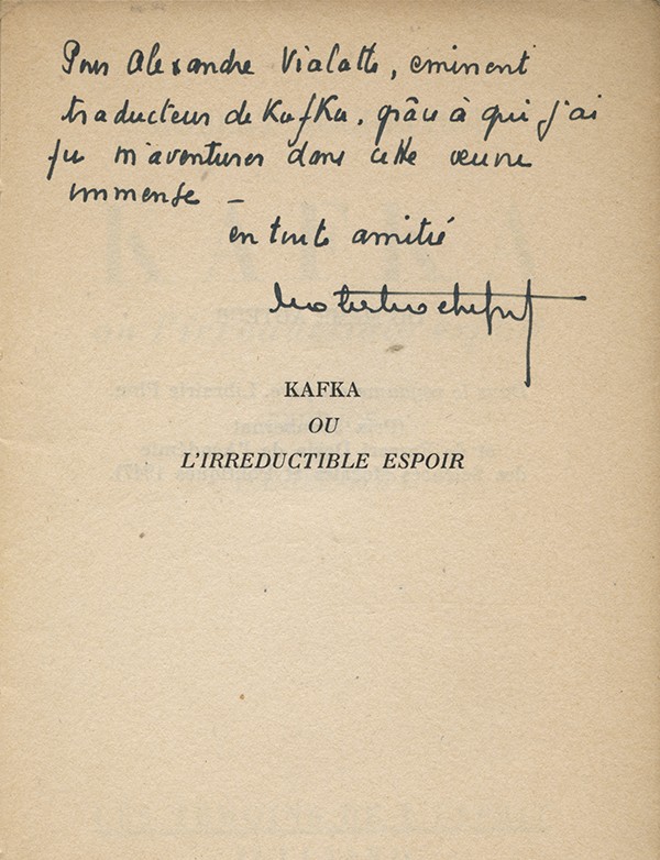 ROCHEFORT Robert Kafka ou l’irréductible espoir Julliard 1947 édition originale envoi autographe signé à Alexandre Vialatte
