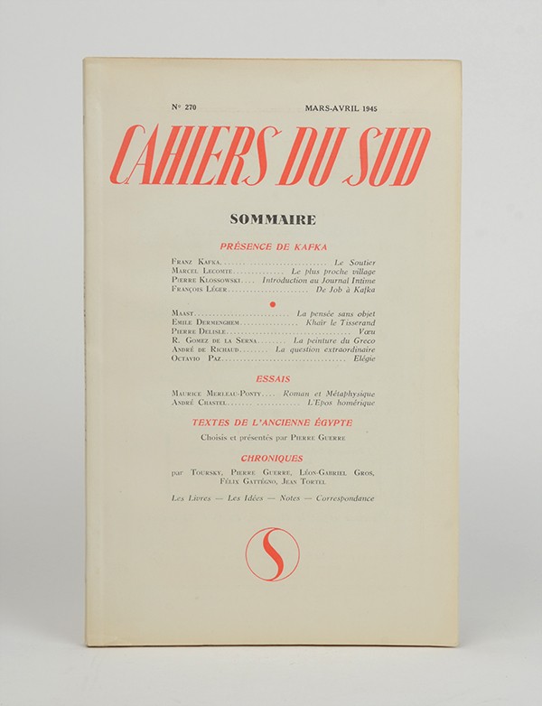 KAFKA Franz Le Soutier in Cahiers du Sud 1945 pré-originale française