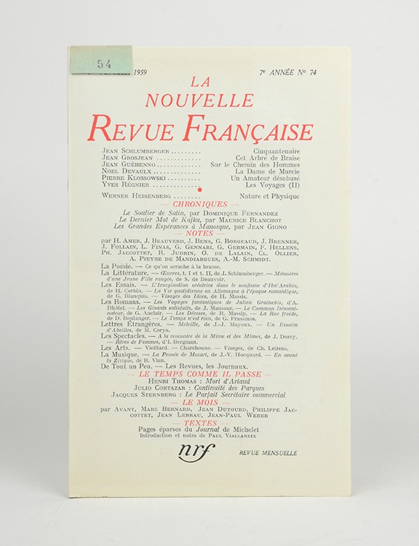 BLANCHOT Maurice Le Dernier mot de Kafka Nouvelle N.R.F. 1959 Pré-originale pur fil grand papier