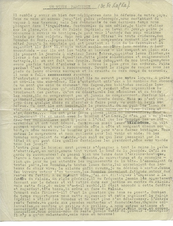 KAFKA Franz Un vieux parchemin tapuscrit sur papier pelure traduction de Jean Carrive corrections au crayon