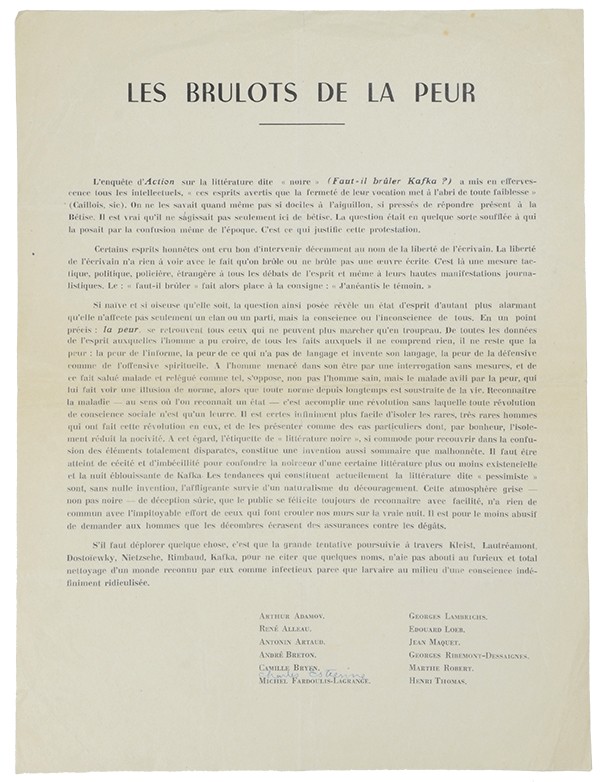 KAFKA Franz Les Brûlots de la peur 1946 Tract cosigné par Arthur Adamov Antonin Artaud André Breton Marthe Robert