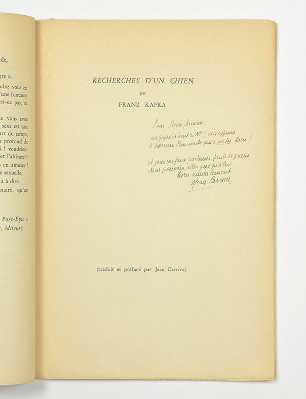 KAFKA Franz Recherches d’un chien in L’Arbalète 1943 édition pré-originale française envoi autographe signé de Jean Carrive