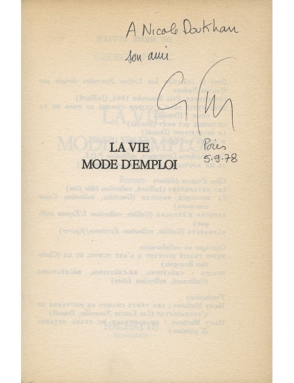 PEREC Georges La Vie mode d'emploi Hachette POL 1978 édition originale envoi autographe signé à Nicole Doukhan