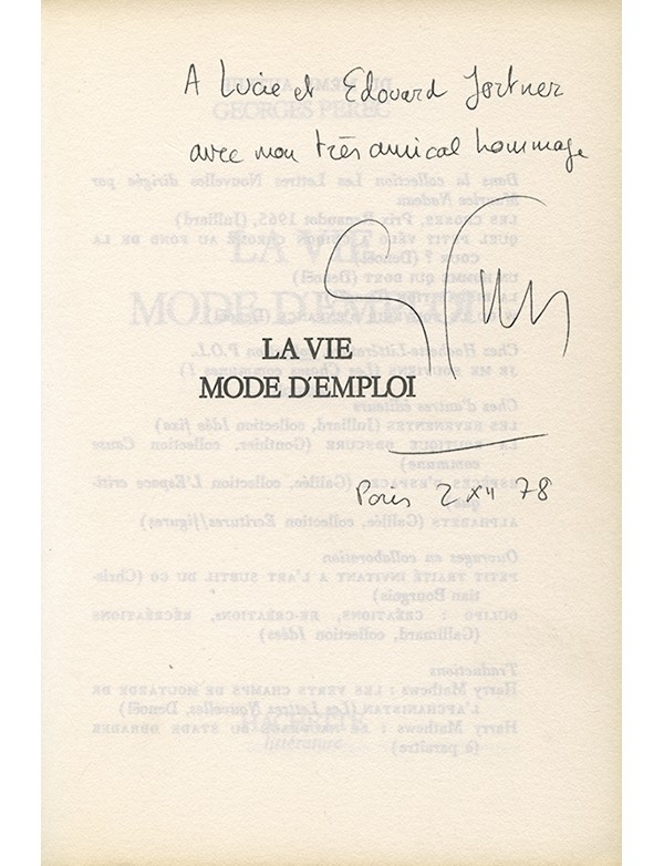 PEREC Georges La Vie mode d'emploi Hachette POL 1978 seconde édition envoi autographe signé à Lilie et Edouard Jortner