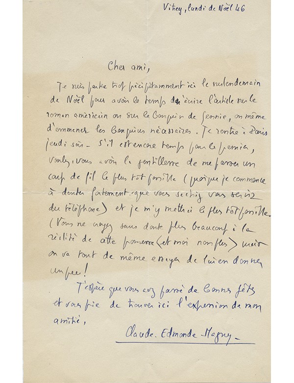 MAGNY Claude-Edmonde Correspondance adressée à Maurice Nadeau 1946 1948 3 lettres et une carte autographes signées