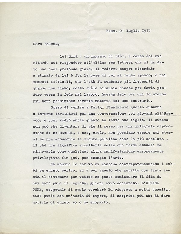 ZAVATTINI Cesare lettre signée adressée le 21 juillet 1973 à Maurice Nadeau son éditeur en France