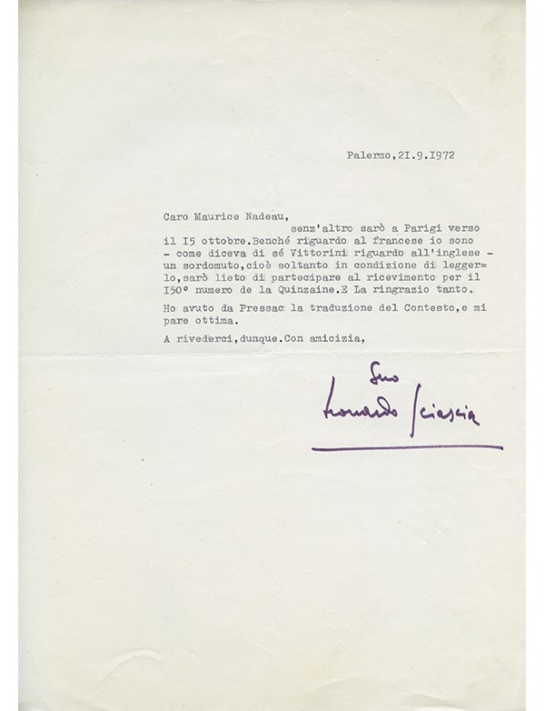 SCIASCIA Leonardo Correspondance adressée à Maurice Nadeau 1972 1976 trois lettres tapuscrites signées