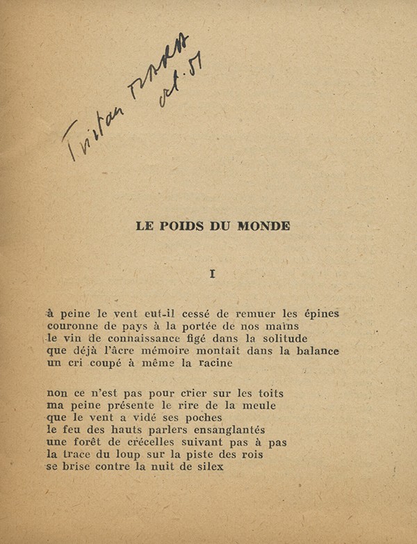 TZARA Tristan Le Poids du monde Au Colporteur 1951 édition originale exemplaire signé par l'auteur