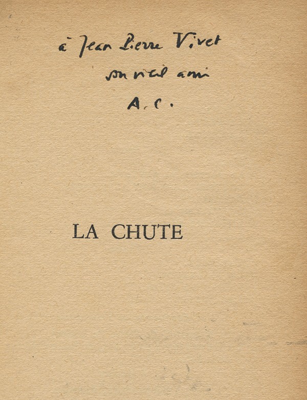 CAMUS Albert La Chute Gallimard 1956 édition originale envoi autographe signé à Jean-Pierre Vivet service de presse