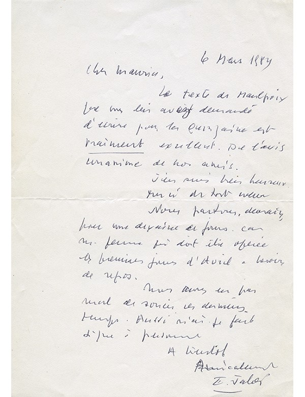 JABÈS Edmond Lettre autographe signée à Maurice Nadeau 1984 en rapport avec un article de Jean-Michel Maulpoix dans la Quinzaine