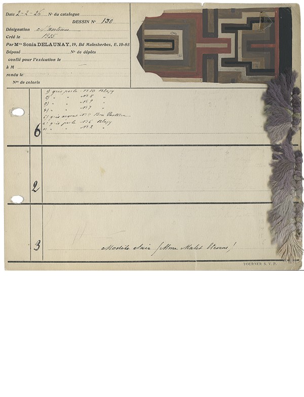 DELAUNAY Sonia Carte de coloris pour le manteau n° 130 1926 aquarelle en couleurs échantillons de laine indications manuscrites