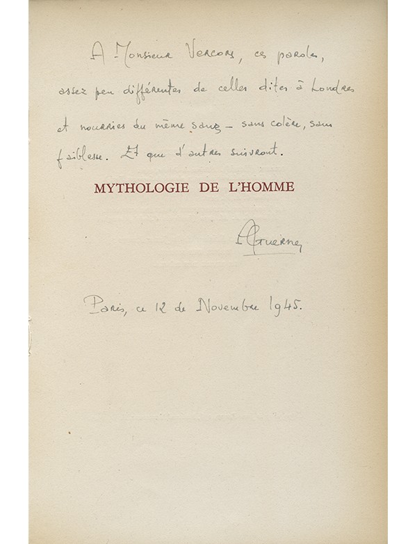 GUERNE Armel Mythologie de l'homme Paris La Jeune Parque 1945 édition originale envoi autographe signé à Vercors Jean Bruller