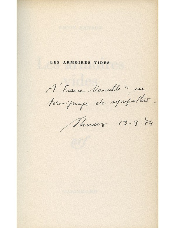 ERNAUX Annie Les Armoires vides Gallimard 1974 édition originale service de presse envoi autographe signé à France Nouvelle