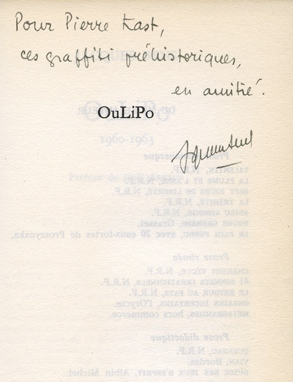 BENS Jacques Oulipo Christian Bourgois 1980 édition originale envoi autographe signé de l'auteur à Pierre Kast