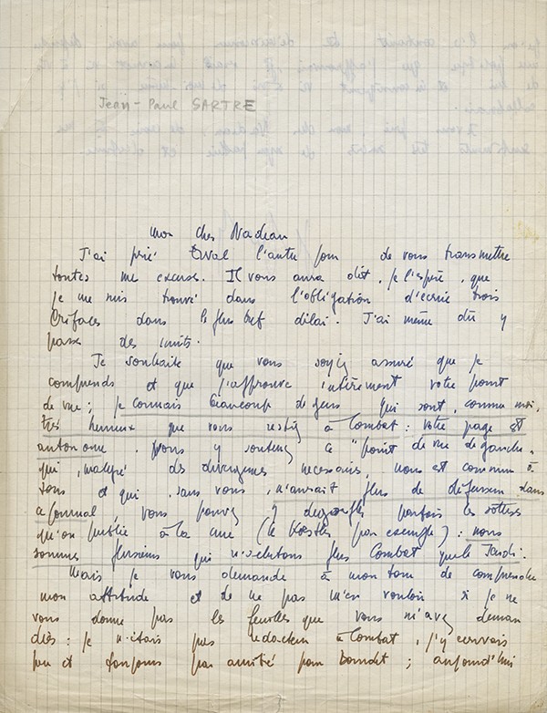 SARTRE Jean-Paul Lettre autographe signée à Maurice Nadeau 1950 démission de Claude Bourdet de Combat