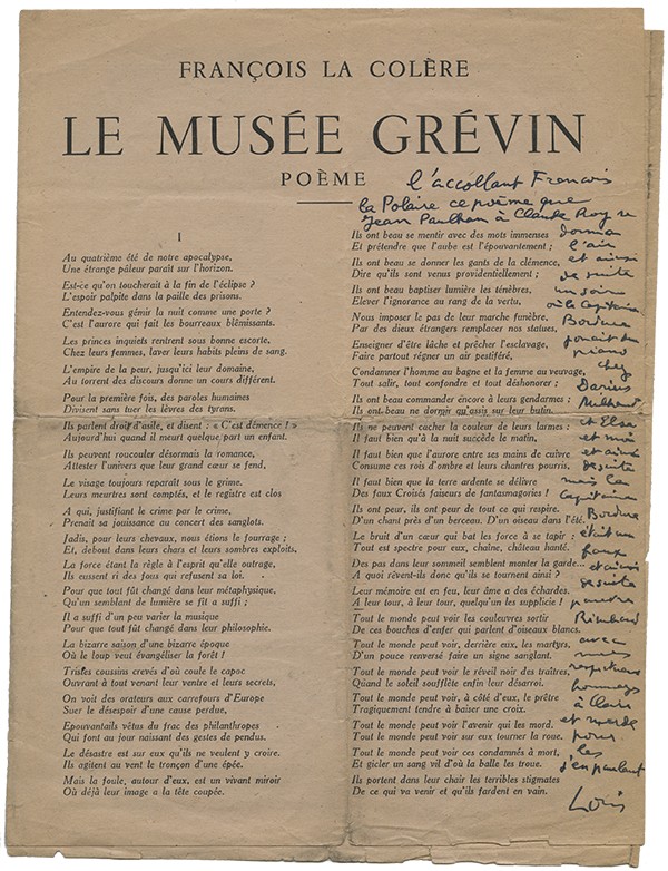 ARAGON Louis FRANÇOIS LA COLÈRE Le Musée Grévin Editions de Minuit 1943 tract édition originale envoi autographe signé