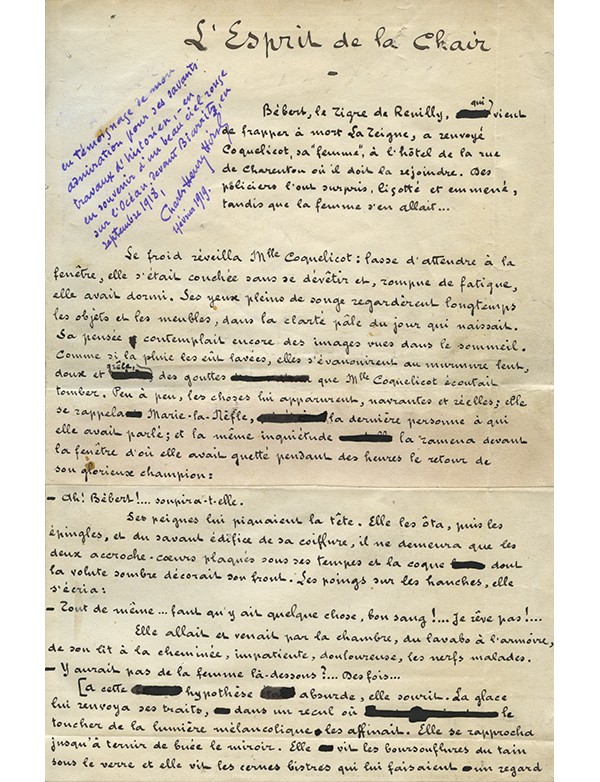 HIRSCH Charles-Henry L'Esprit de la chair 1905  manuscrit autographe signé dernier chapitre du Tigre et le coquelicot