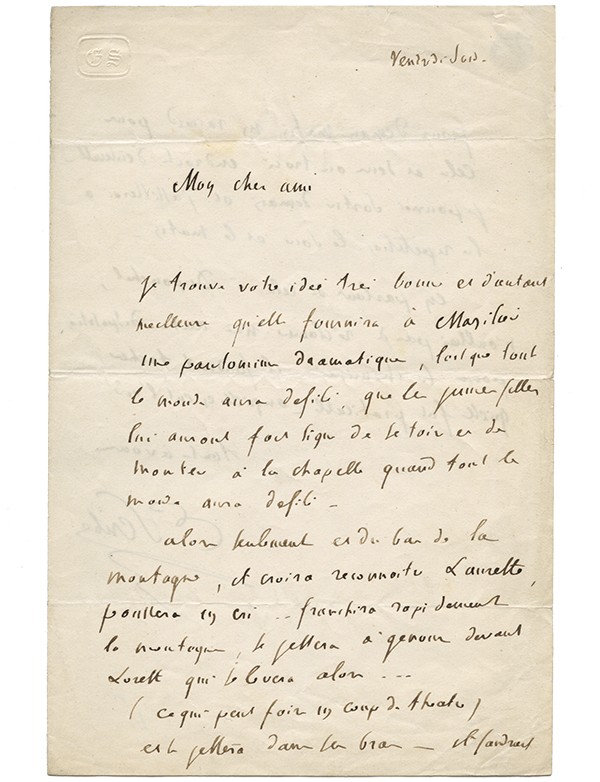 SCRIBE Eugène Lettre autographe à Joseph Coralli à propos de La Tarentule 1939