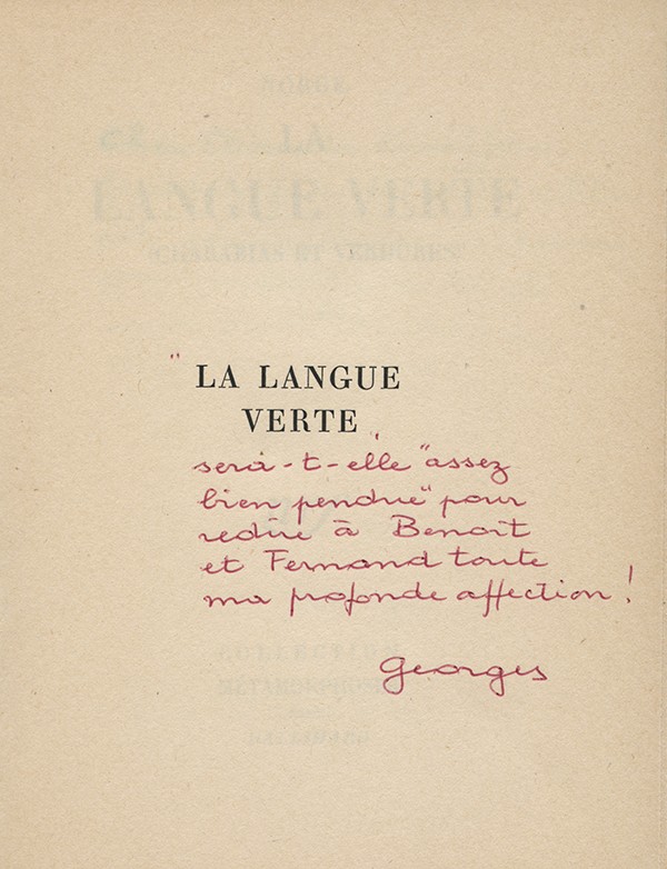 NORGE La Langue verte Gallimard Métamorphoses 1954 édition originale double envoi autographe signé à son frère et Claude Couffon